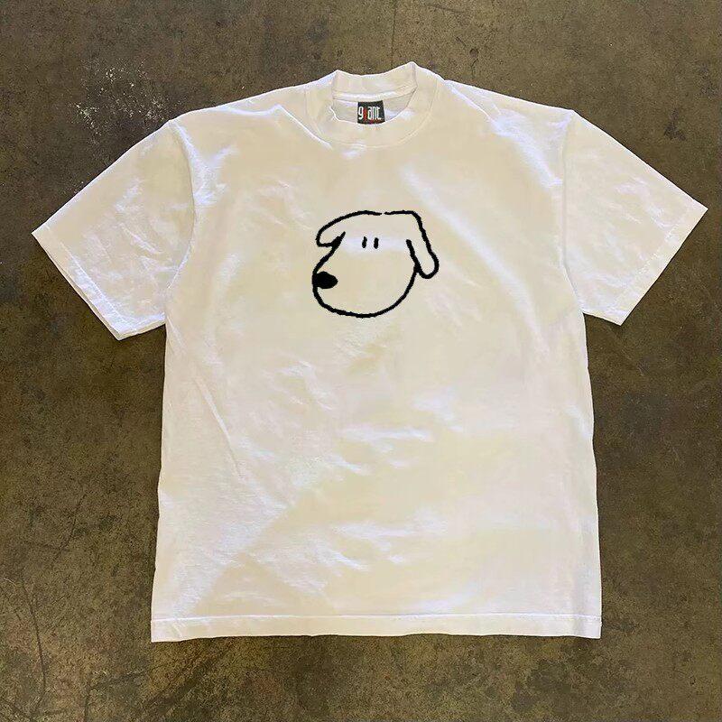 American Retro Short Sleeved Unisexs and Womens Street Style Cute Dog Head Print Round Neck Tshirt for Couples Breathable Version