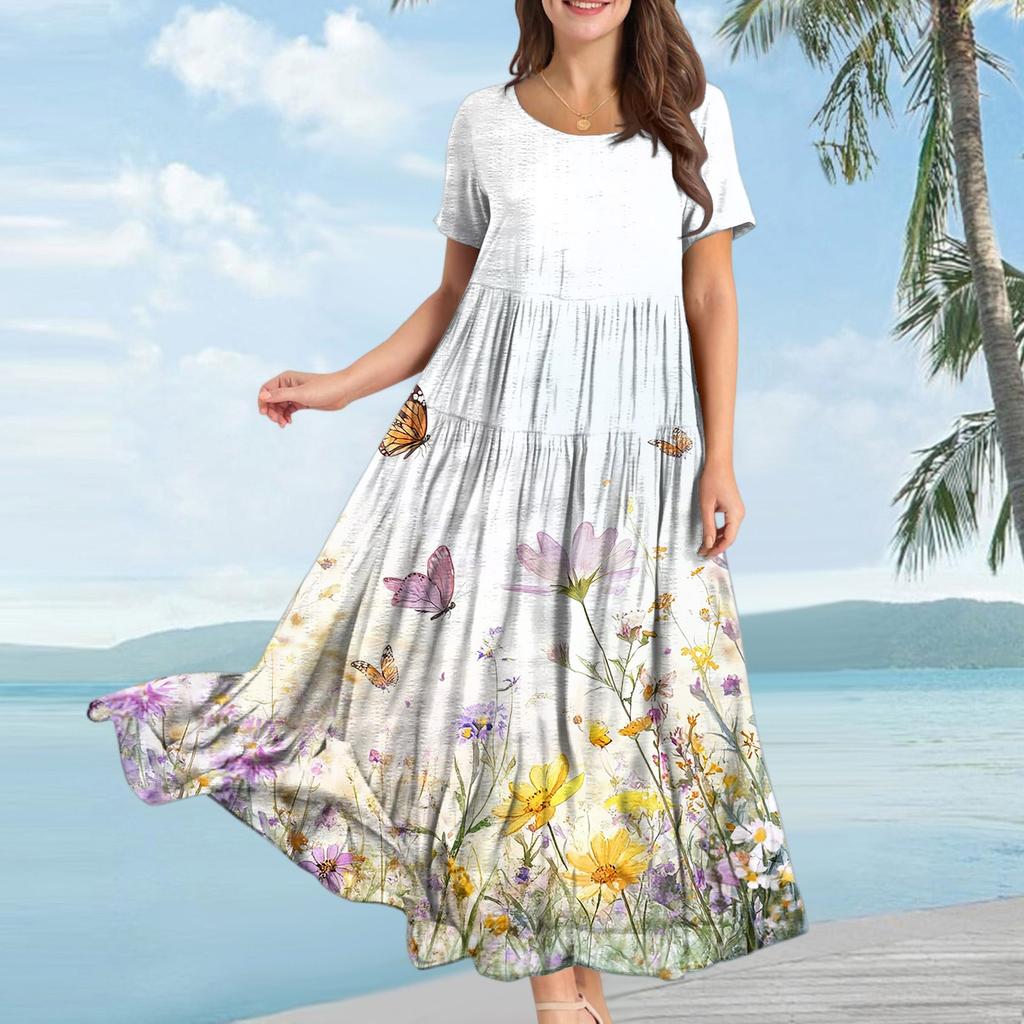 Women Casual Loose Bohemian Floral Dress Short Sleeve Long Maxi Summer Beach Swing Dress