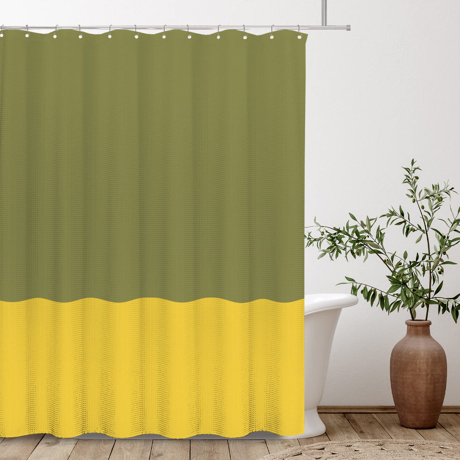 

White Sage Green 2 Color Splicing Shower Curtain, Texture Fabric Bathroom Decor Waterproof Fabric Shower Curtian Sets with Hooks W90xH180cm
