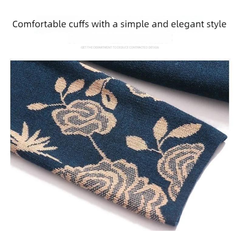 Damska sukienka wełniana z haftem z okrągłym dekoltem jesienno-zimowa luźna długa do kolana plus size sukienka dzianinowa