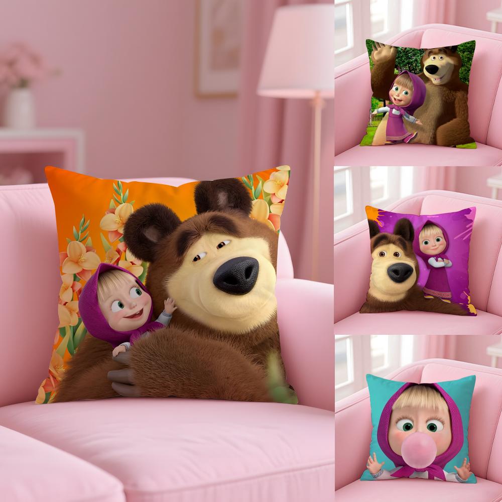 Anime MMasha And The Bear Cushion Cover Plush Fabric Soft DoubleSided Printed Sofa Warm Winter Home Gift Pillow Cover