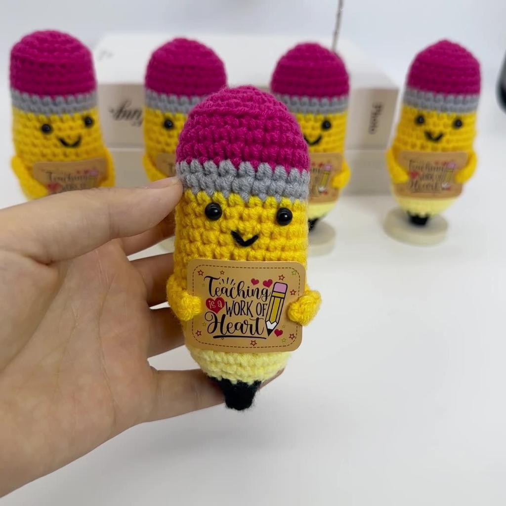 Cute Crochet Emotional Support Pencil Doll Handmade Wool Knitted Positive Energy Potato Doll With Card Desktop Ornament Gifts