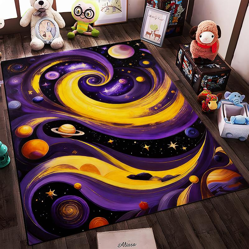Galaxy-Inspired Rug with Golden Swirls, Planets, and Starry Sky Suitable for use as an anti-slip for living room bedroom sofas