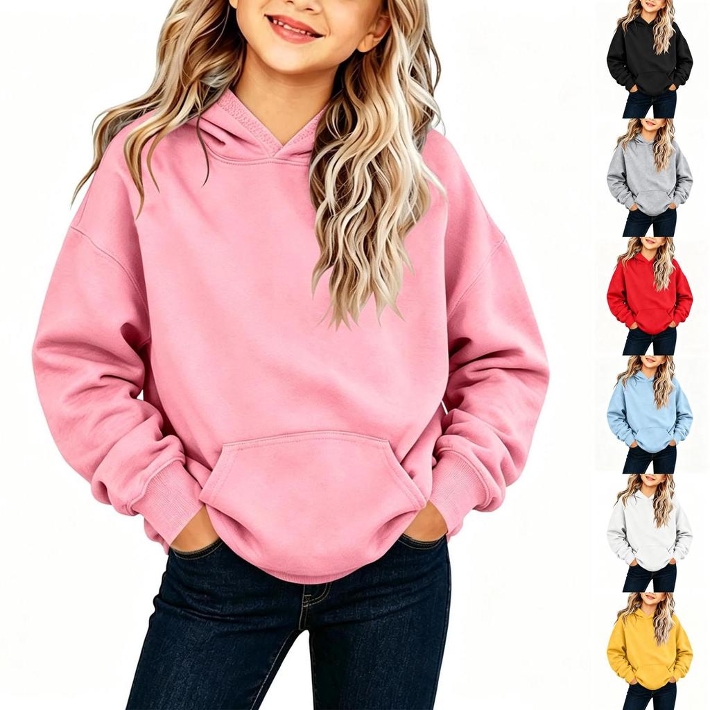 Boys Girls Kids Lined Long Sleeve Color Pullover Hoodie Casual Sweatshirt