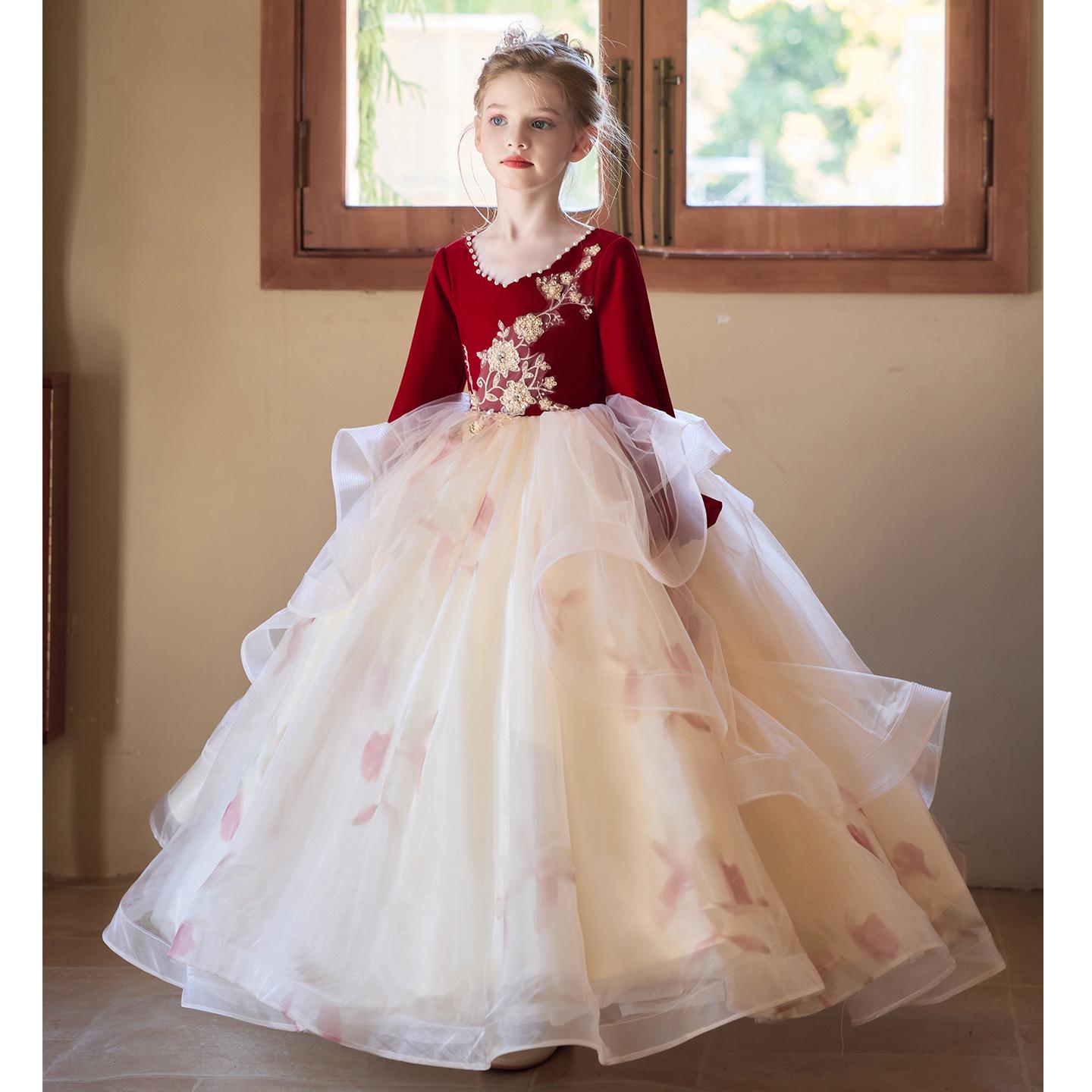 

Бордовое вечернее платье из пышного тюля для девочек – Роскошный костюм принцессы для выступления на фортепиано 130cm (Height 125-135cm/Weight 25-30kg) бордовый