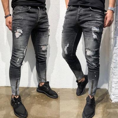 Skinny-Stretch-Denim-Hose für Herren, Distressed Ripped Freyed Slim Fit-Jeanshose