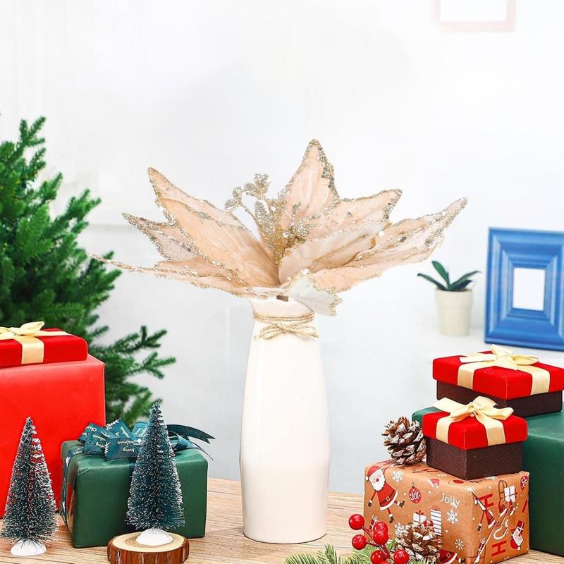 New 1-4PCS Christmas Flower Glitter Artificial Poinsettia Artificial Xmas Tree Decor for Home Party Decor New Year's Ornaments