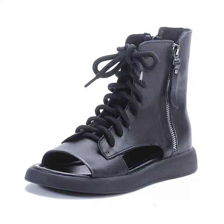 Roman Sandals High-top Fish Mouth Sandals Women's Flat-bottomed Breathable Retro Martin Boots 2025 Summer New Hollow Straps