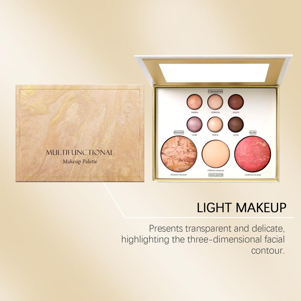 AMZ Gold-Plated Multi-Face Makeup Palette, includes eyeshadow,contour, blush,highlighter,under-eye brightener/Beauty Makeup/Long Lasting
