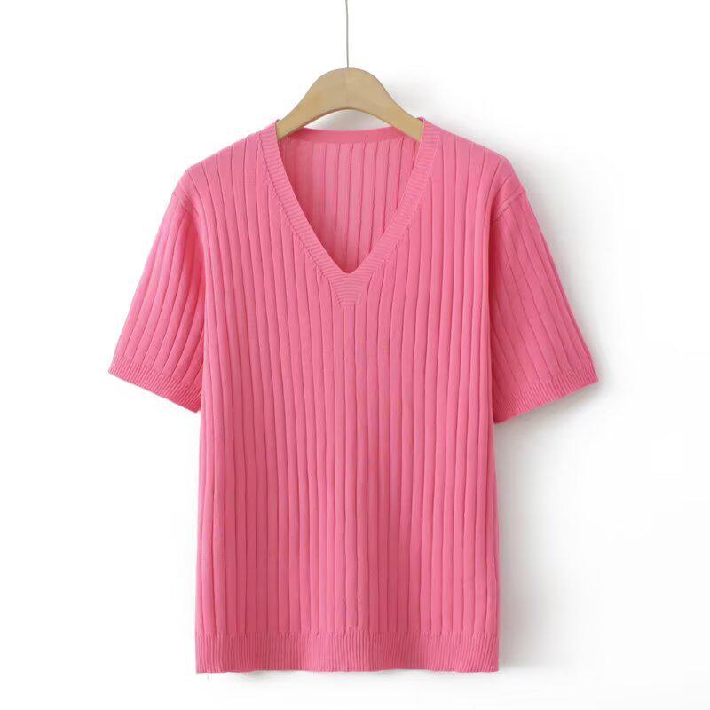 

Plus Size Ribbed Ice Silk V-Neck T-Shirt - Short Sleeve Stretchy Knitwear for Women (2025) 2XL рожевий