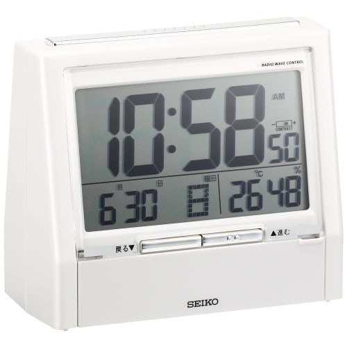 Seiko TALK LINER Alarm Clock, DA206W, with Voice Time Announcement, Bilingual Switching, Calendar, Temperature and Humidity Display, Radio-Controlled