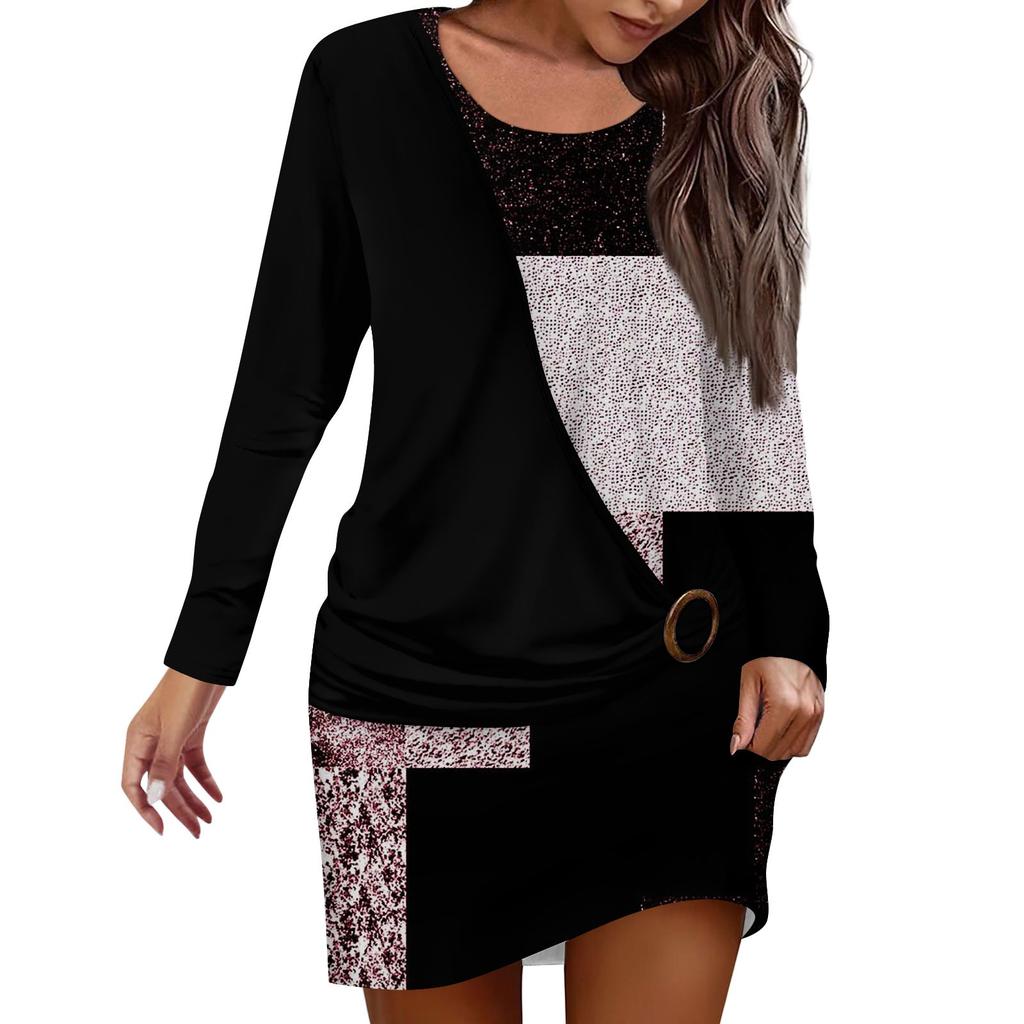 Women's Dress Sweatshirt Dress Print Fashion Loose CrewNeck Fake Two-Piece Stacked Patchwork Streetwear Outdoor Daily Long Sleeve Dress