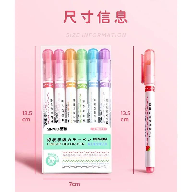 Non-Toxic 6Pcs/Set Art Drawing Doodling Stationery Flower Line Shape Highlighter Pen School Office Supplies Roller Tip Curve Liner Marker