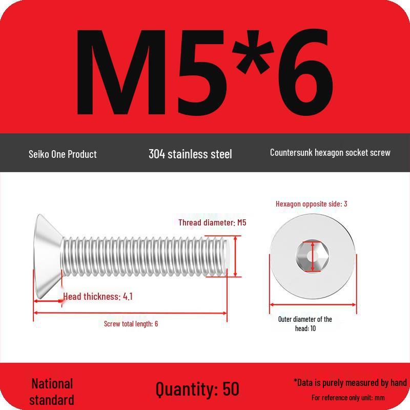 M2-M10 Stainless Steel Flat Head Machine Screws and Bolts Set, Countersunk Hex Socket Cap, 304 Grade.