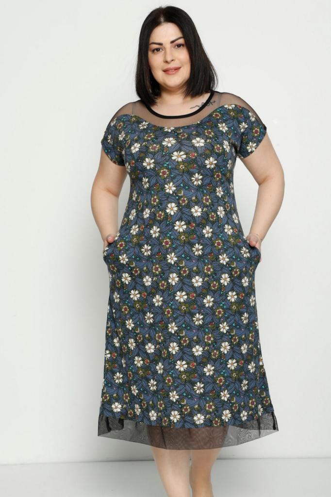 Damska Sukienka w Dużym Rozmiarze Wzorzysta Kieszeń Tiulowe Detale Bawełna Czesana Modal Plus Size Krótki Rękaw Bawełniana Sukienka