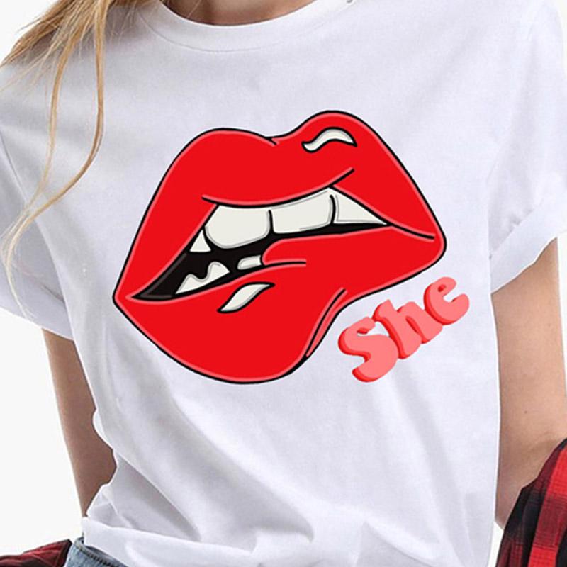 Červené rty s potiskem Trička pro ženy Módní klub Sexy Tričko na rty Polibkové rty Legrační léto Tričko s krátkým rukávem Dámské tričko