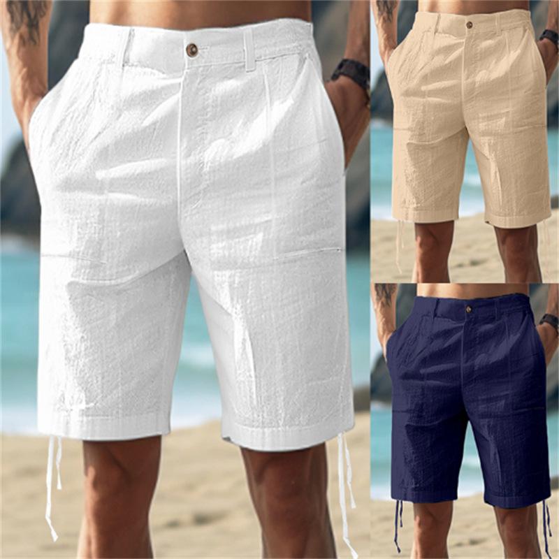Men's Linen Summer Solid-Colour Buttoned Beachwear Breathable Shorts for Daily Outdoor Wear