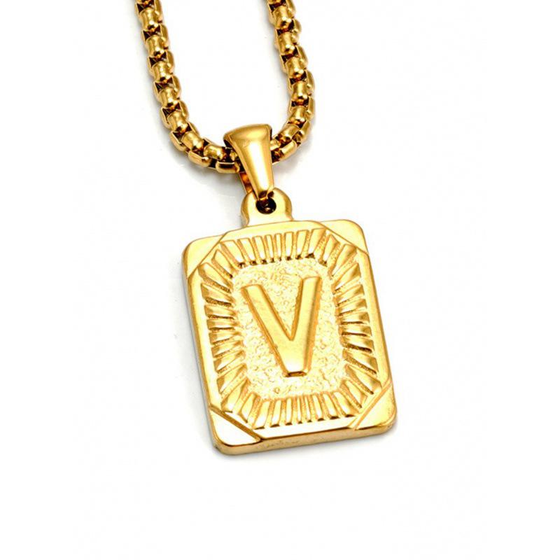 18K Gold Square Double-sided English Letter Pendant for Men, Titanium Steel Necklace