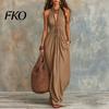 Slimming Long Skirt Dress Women Halter Neck Pleated Maxi Dress, Deep V Sleeveless Drapey Beach Vacation Sundress, Summer Flowy with Pockets