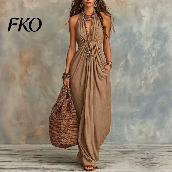 Slimming Long Skirt Dress Women Halter Neck Pleated Maxi Dress, Deep V Sleeveless Drapey Beach Vacation Sundress, Summer Flowy with Pockets