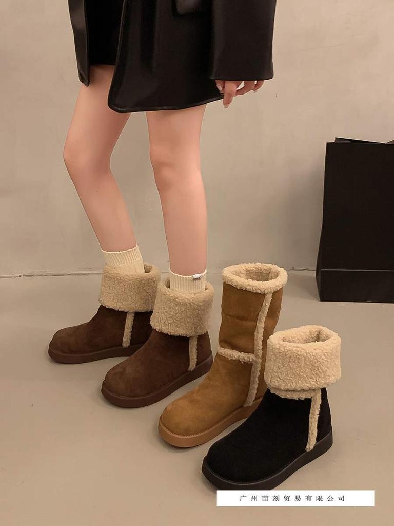 Flip-over Snow Boots, Women's Four-season Foreign Style Two Wear Non-slip Warm Medium Tube Short Boots, Velvet Northeast Large Cotton Shoes