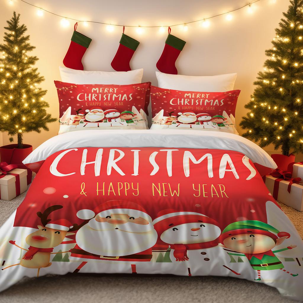 3pcs Cartoon Santa Claus Printed Chipless Bedding Set Bedroom Dormitory Soft Duvet Cover Multiple Sizes Machine Washable