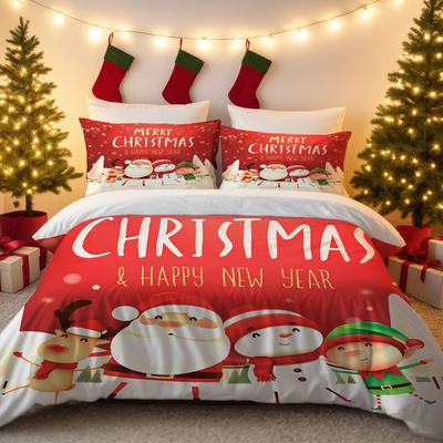 3-delige Cartoon Kerstman Bedrukte Chipless Beddengoedset Slaapkamer Slaapzaal Zachte Dekbedovertrek Meerdere Maten Machinewasbaar