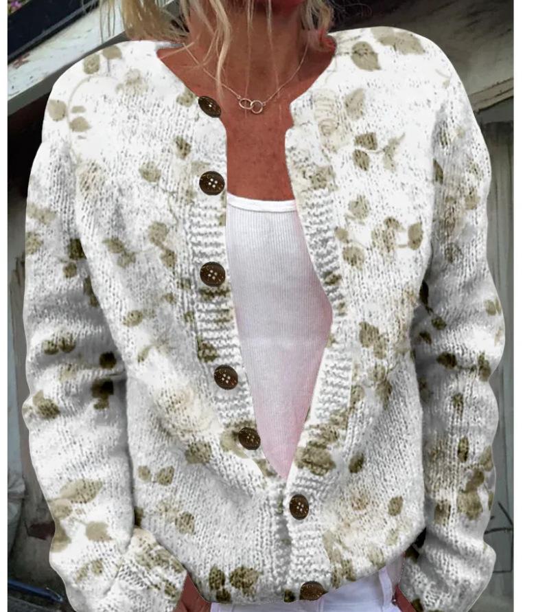 Cardigan Tricot Femme Col Rond Boutonnage Simple Imprimé Floral Manches Longues Vêtement d'Extérieur Décontracté