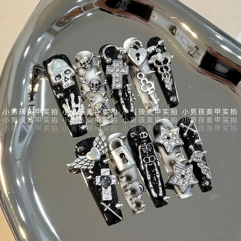 10Pcs Luxury Handmade Long Stiletto Press On Nails 3D Sparkling Diamond Bow Pearl Flower Full Cover Fake Nails