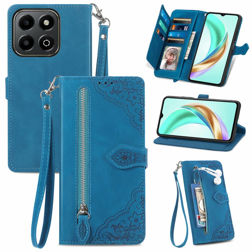 For Honor X6b 4G Zipper Wallet Case with Strap Flower Imprint PU Leather Phone Cover