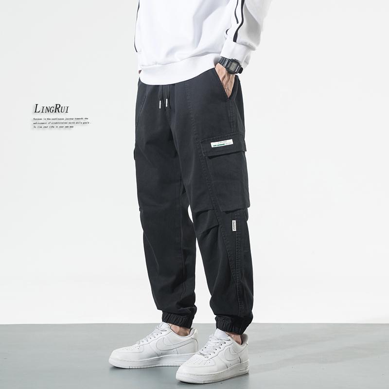 Lingrui Japanese Men's Loose Fit Trendy Wide-Leg Elastic Waist Multi-Pocket Overalls