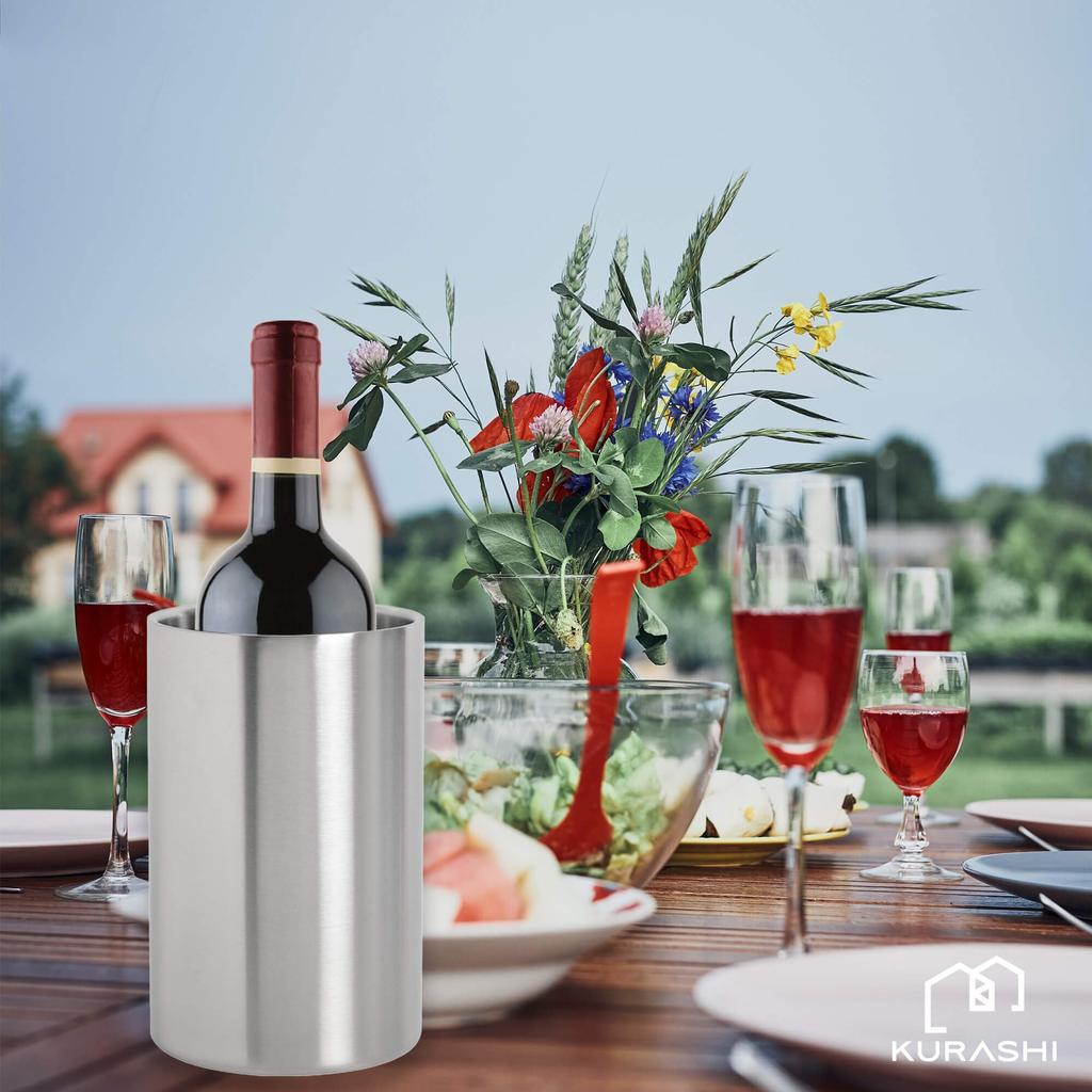 KURASHI Wine Cooler, Tabletop, Stainless Steel, Double-Walled, Champagne Bottle Cooler, Diameter 12cm x Height 19cm