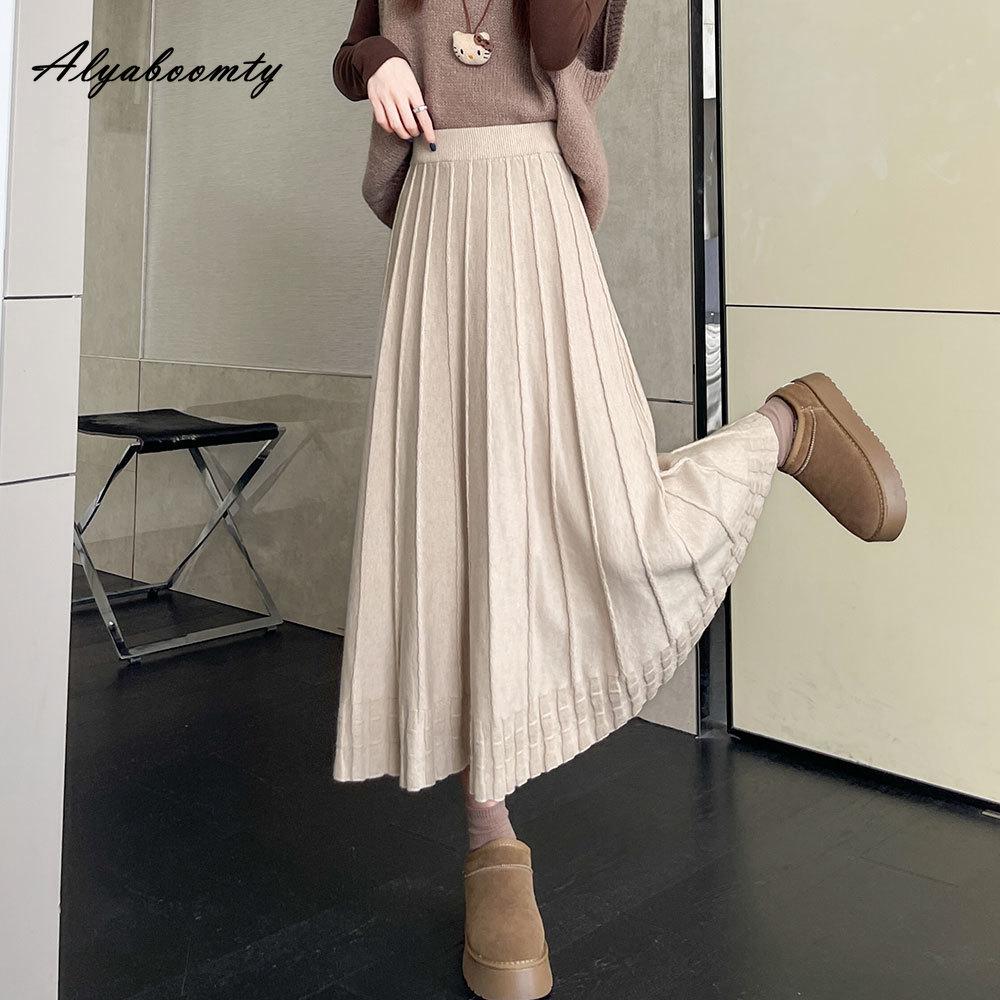 

Soft Warm Autumn Winter Women Midi Pleated Skirt High Waist Black Beige Knitting Skirt Basic All-Match Elegant Knitted Female Skirts Womens One Size