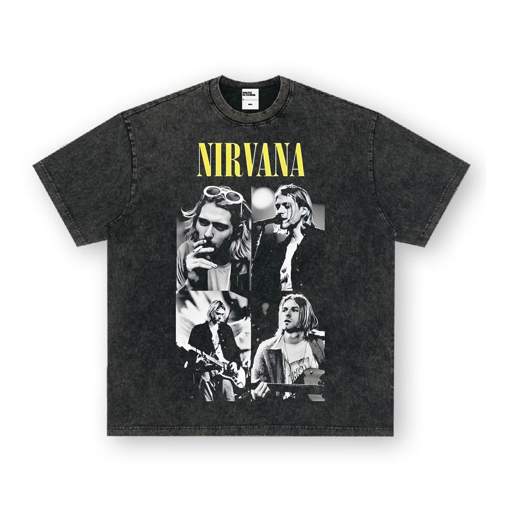 Maglietta a maniche lunghe band Nirvana vintage europeo e americano lavata effetto invecchiato maglietta a maniche corte Nirvana per uomo e donna