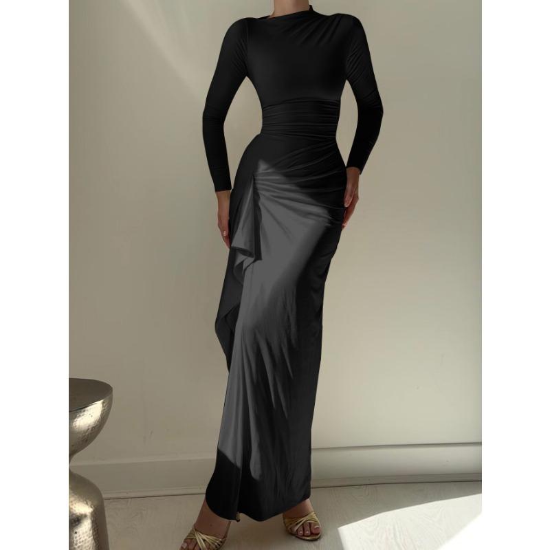 

Новый осенне-зимний модный дизайн однотонное платье с круглым вырезом и нерегулярными разрезами прилегающего силуэта S чёрный