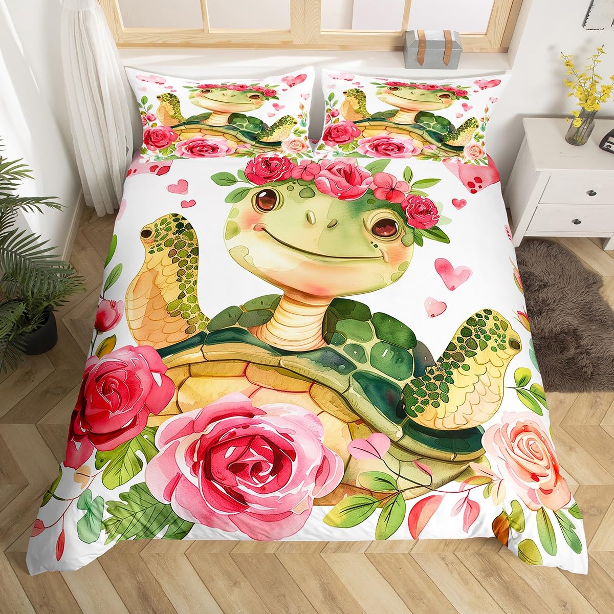 

Turtle Butterfly And Flower Duvet Cover For Kids Boys Girls Lightweight Quilt Cover With 2 Pillowcase Cartoon Turtle Bedding Set EU Single(135x200cm)