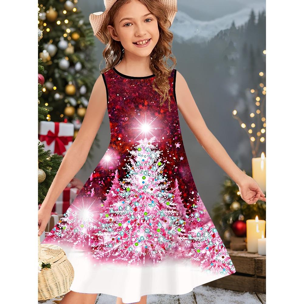 Girl's Summer Cute Christmas Print Sleeveless Vest Dress Fashionable Round Neck Casual Comfortable Soft Breathable Mini Dress