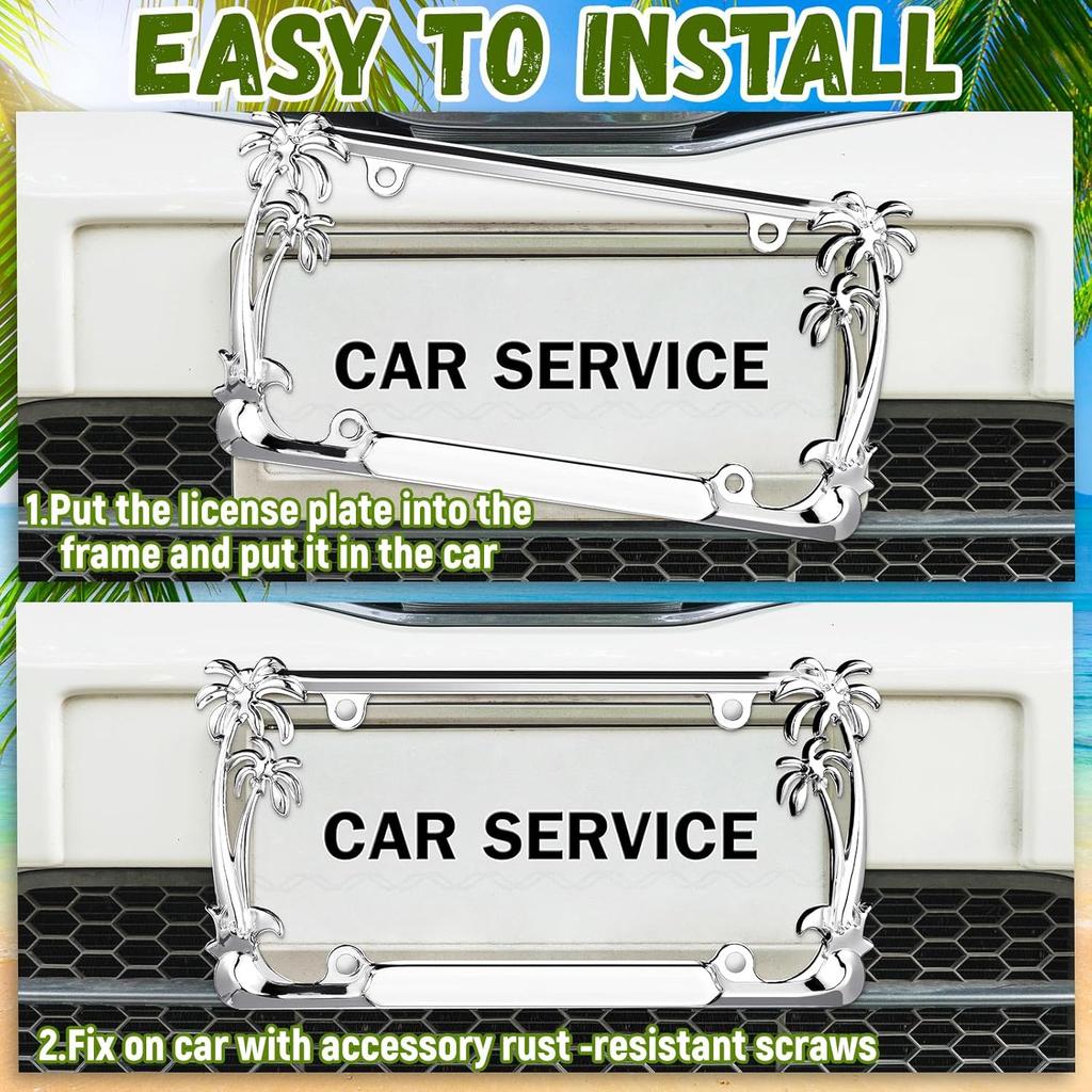 2 Pcs Palm Tree License Plate Frame Plastic Beach Coconut Tree Design Frame Compatible With Standard License Plate For USA 2 Holes With Screws For