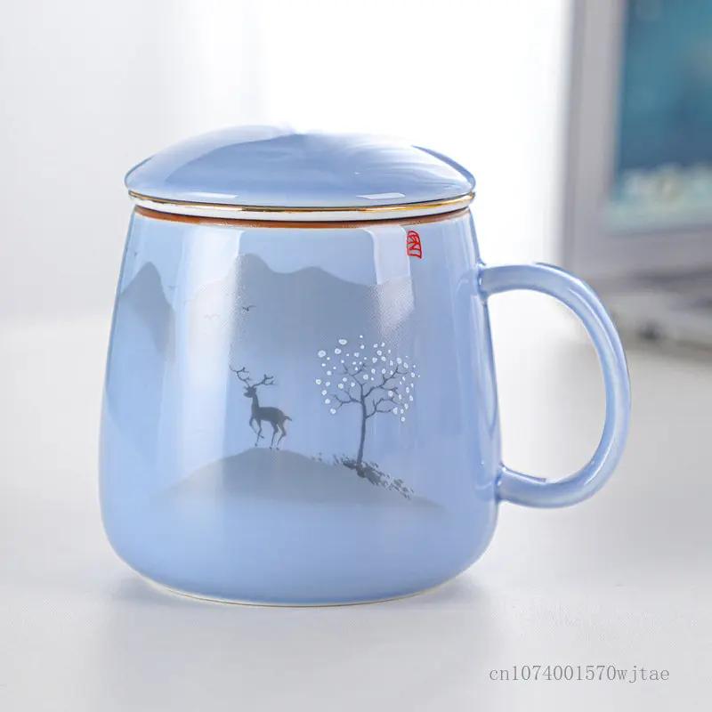 Creative Ceramic Tea Cup with Cover, Tea Cup, Blue, Green, Pink, Home Office Household items, Separation Filter Mug, 1Pc
