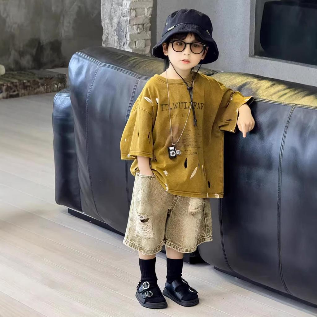 Boys' Clothing Set Summer Children's Ripped Denim Shorts Tie Dye Short Sleeved T-shirt 2-piece Set