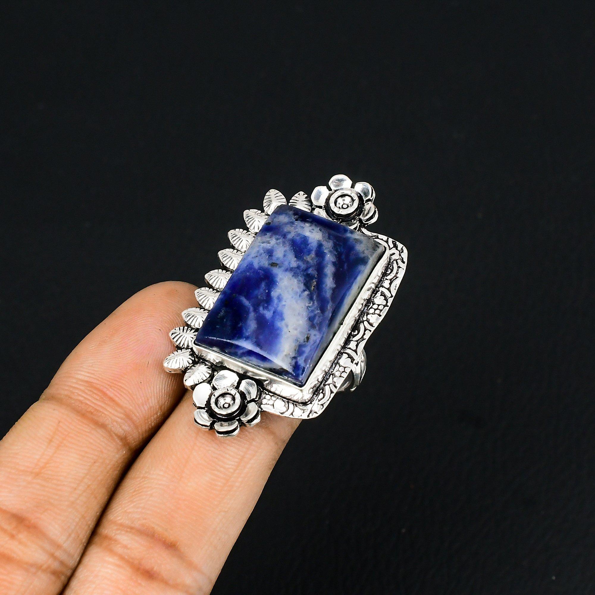 Birthday Gift For Her Natural Sodalite Promise Flower Ring Size 9 925 Silver 9