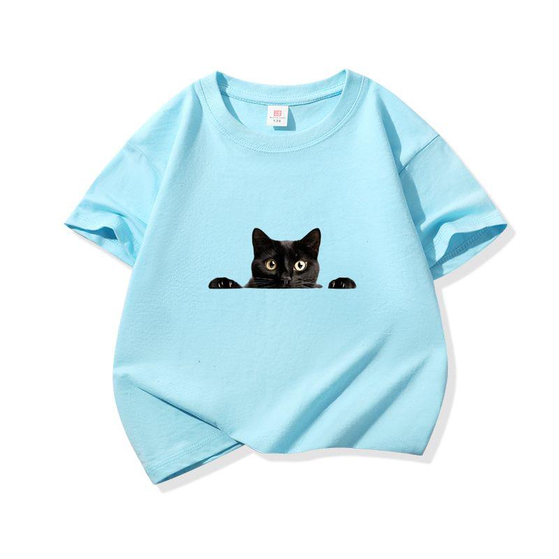 Kids Cotton T Shirt Peeking Black Cat Graphic Print Crew Neck Short Sleeve Tee Casual Breathable Boys Girls Summer Tops