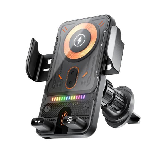 Supporto per smartphone da auto intelligente con caricatore wireless da 15 W, supporto per telefono da auto vivavoce, facile installazione su bocchetta dell'aria.
