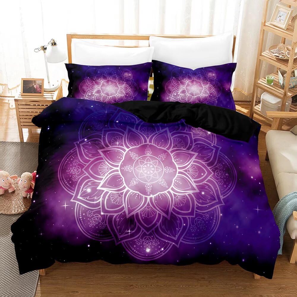 Lotus Duvet Cover Trippy Dreamy Mandala Bedding Set,Boho Floral Comforter Cover Exotic Tribal Damask Flowers Bed Set Twin Queen