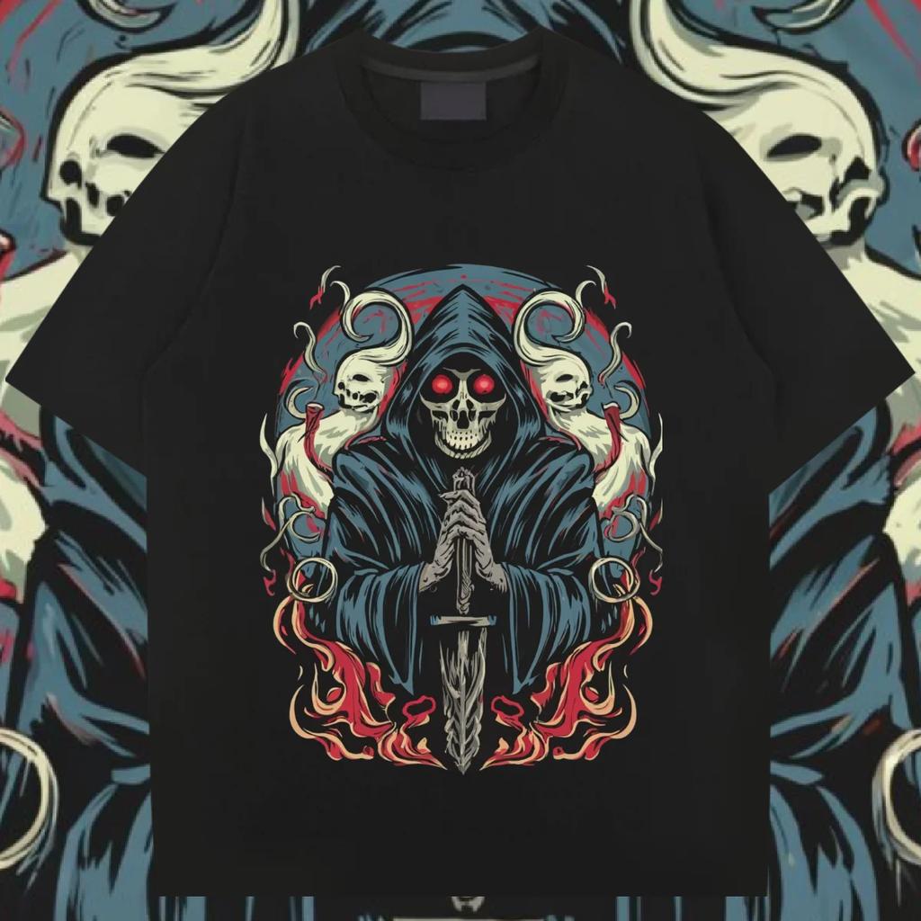 Death Round Collar Tee Oversized Loose Tops Retro Harajuku Rap Style Shirt Graphic Cotton T Shirt Causal Unisex T-shirt Custom