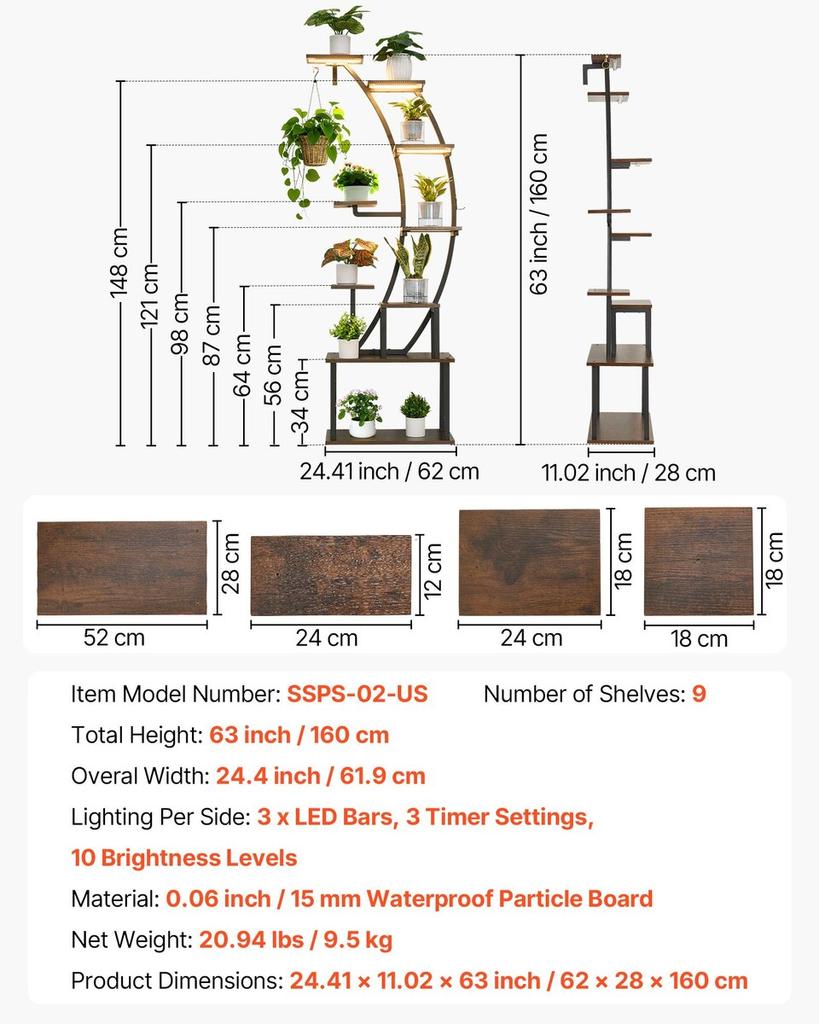 Plant Stand Indoor with Grow Lights, 160cm Tall 9-Tier Lighted Plant Shelf, Metal Corner Plants Holder, 3 Timer & 10 Brightness, Curve-Shaped Flower