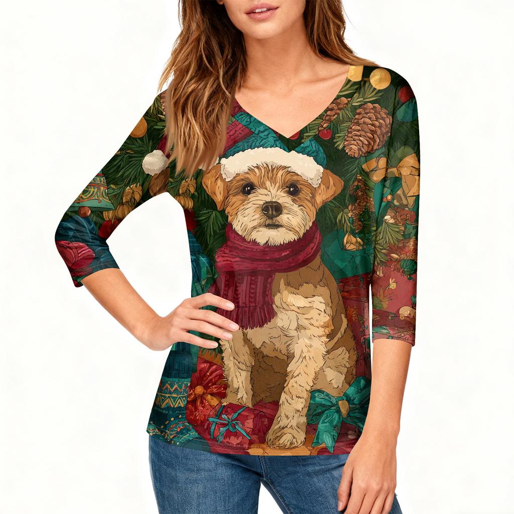 3/4 Sleeve Shirts For Women Print Christmas Tees Blouses Casual Plus Size Basic Tops Pullover
