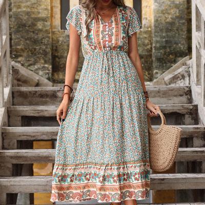 Women's Vintage Bohemia Summer Spring Floral Print Short Sleeve V-Neck High Waist Casual Dresses