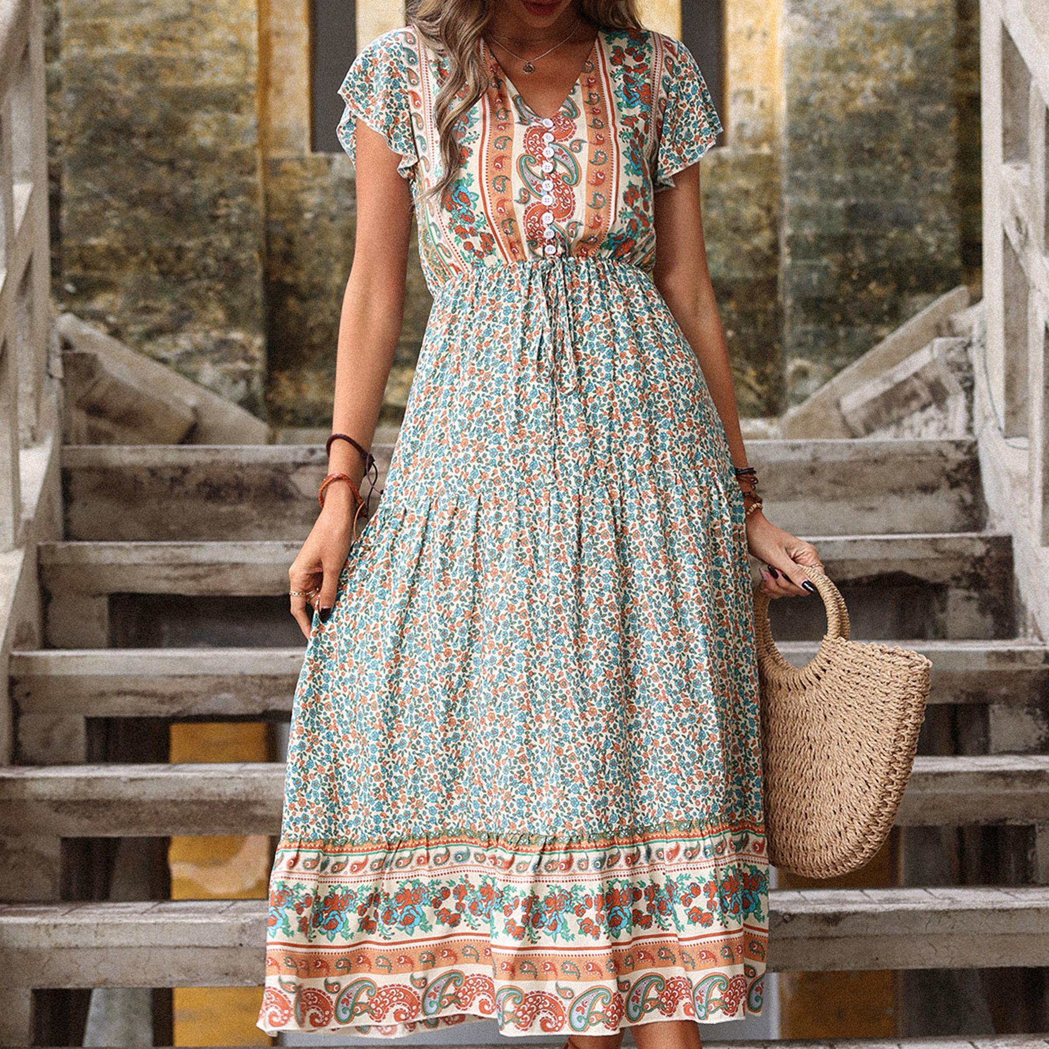 

YYFS женские винтажные повседневные платья в богемном стиле на лето и весну с цветочным принтом и коротким рукавом, с v-образным вырезом и высокой талией S зелёный