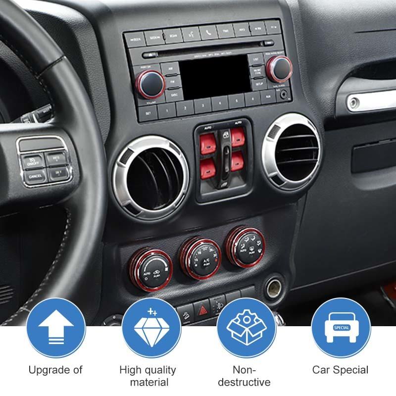 För Jeep Wrangler JK 2012-2017 Luftkonditionering CD-brytare Fönsterkontroll Vred Dekorationsring Kåpa Aluminiumlegering